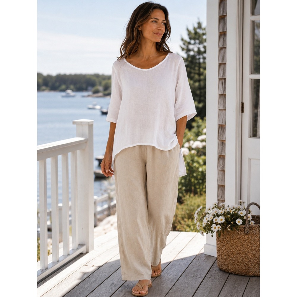 FLAX White 100% Linen Tunic Top 3/4 Sleeve Relaxed Fit Womens Medium
